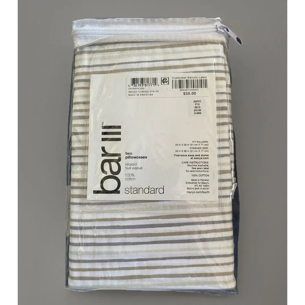 Bar III Macy's Standard Striped Pillowcases Relaxed Twill Weave Cotton orig $50
